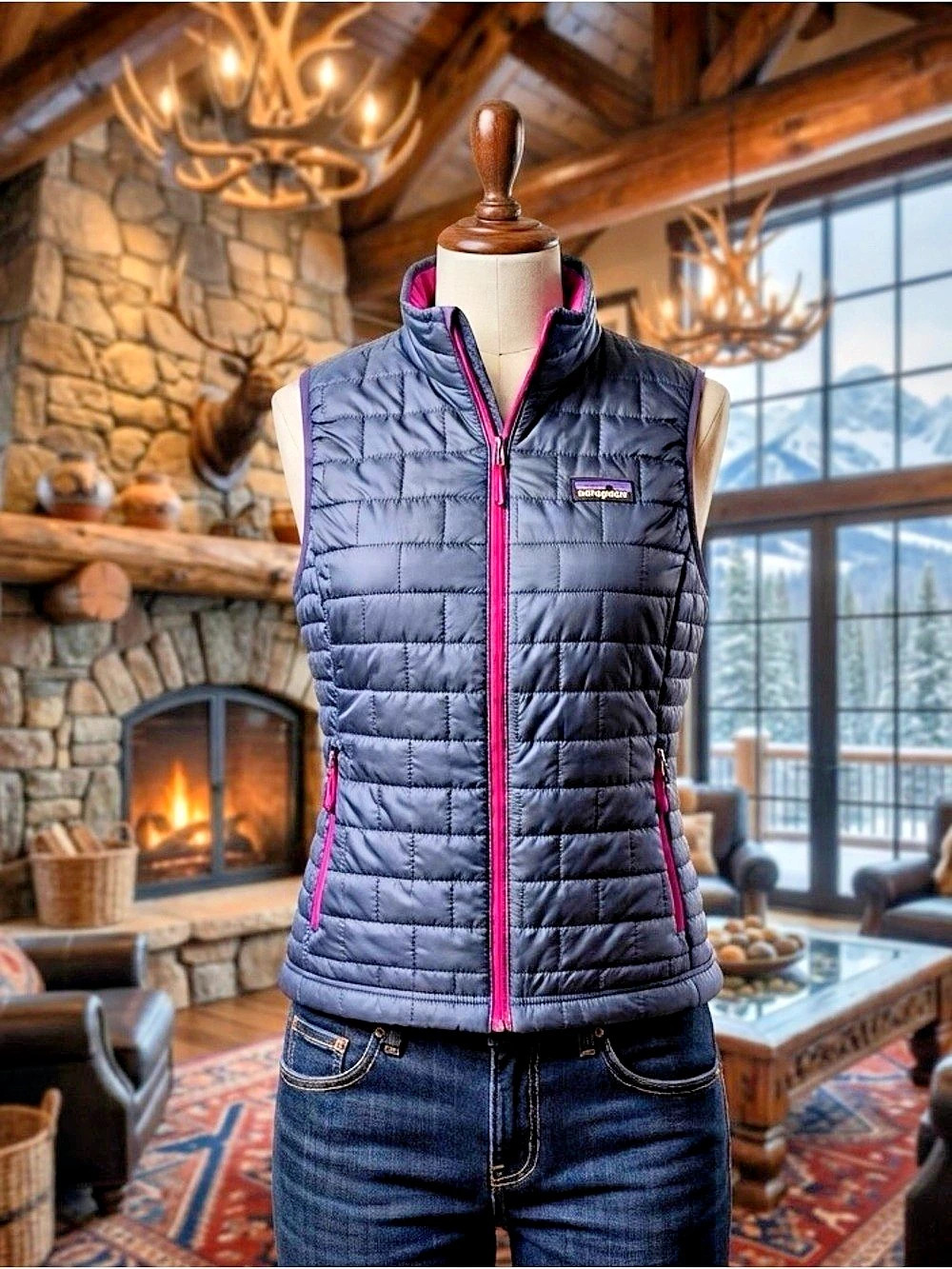 Patagonia Down Sweater Vest Quilted Blue & Pink XL